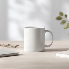 White mug with branch and books on wooden table