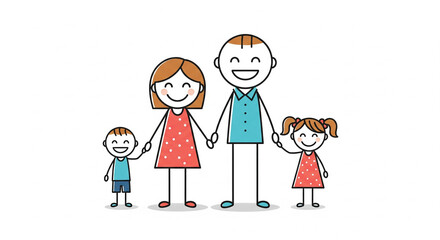A happy stick-figure family of four, including parents and two children, holding hands and smiling cheerfully on a white background.