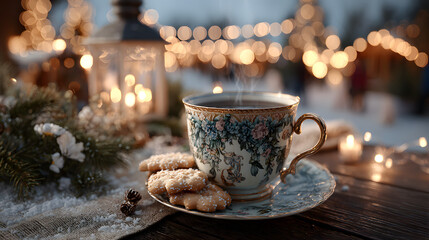 Fototapeta premium Merry Christmas and happy holidays, a cup of hot drink and cookies on the background of the lights of the Christmas market. AI design