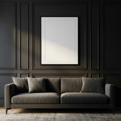 Modern dark living room with empty frame above sofa