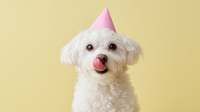 Adorable white dog wearing a party hat celebrates joyfully with family and friends - Powered by Adobe