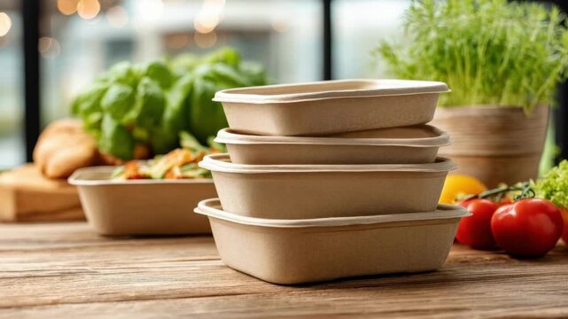 Medium shot of stacked biodegradable food containers on a wooden table with fresh ingredients nearby highlighting green packaging solutions for takeout meals.