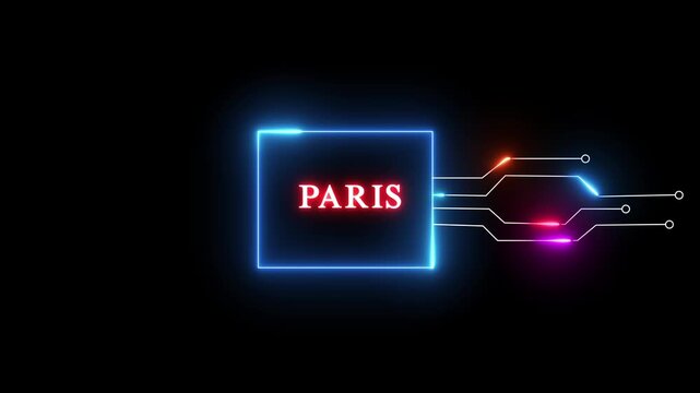 Neon Paris- text animation on black background. Glowing neon text. Neon text letter animation.