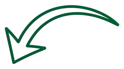 Hand drawn dark green curved arrow indicating flow, direction, or download, isolated on a transparent background element.