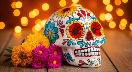 Vibrant Calavera sugar skull decorated with colorful patterns and marigold flowers for Dia de los Muertos, set against a festive bokeh background.