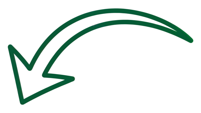 Hand drawn dark green curved arrow indicating flow, direction, or download, isolated on a transparent background element.