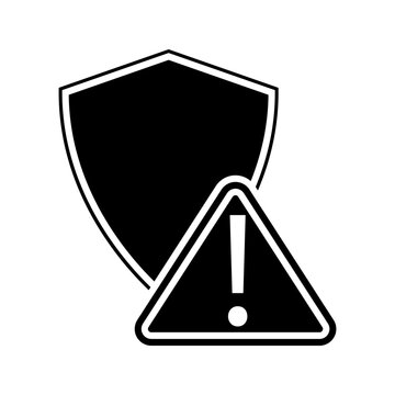 Security Warning Shield and Exclamation Mark Icon A bold black and white vector icon representing a security risk, warning, alert, or compromised protection.