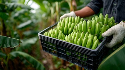 Fototapeta premium A farmer wea gloves carries a crate full of freshly harvested green bananas in a tropical plantation.