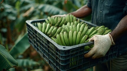 A farmer carrying crate filled with freshly harvested green bananas on a tropical plantation farm today.