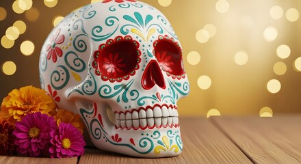 Colorful Sugar Skull Calavera with Flowers for Dia de los Muertos Celebration