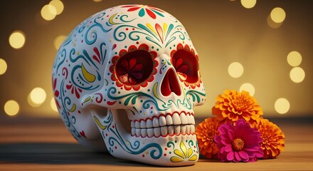 Decorated Calavera skull and colorful Cempas?chil flowers for a festive Day of the Dead celebration.