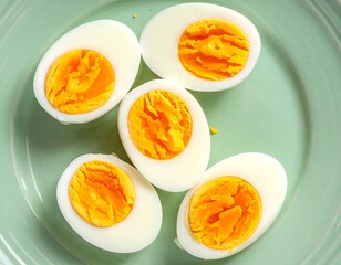 Sliced hard-boiled eggs on a light-green plate from above