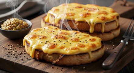Gourmet melted cheese toast with steam rising, seasoned with pepper, served hot on a rustic wooden board with mustard seeds and a fork.