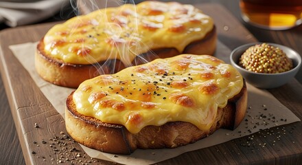 Freshly Toasted Bread with Steaming Melted Cheese and Black Pepper on a Rustic Wooden Board with Mustard