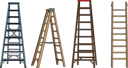 Different ladder types, A-frame and straight, metal and wood, isolated on white, construction tools, step ladder, vertical access, safety gear