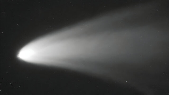 Luminous comet streaking across the dark expanse of space with a glowing tail against a background of distant stars