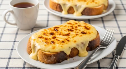 Gooey Melted Cheese Toast on Golden Brown Bread, Served on a White Plate with Hot Tea and Cutlery for Breakfast or Brunch