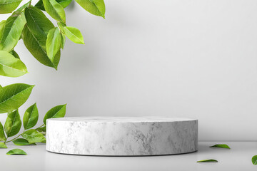 A clean white marble podium for product display framed by fresh green leaves on a bright grey minimalist background