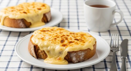 Delicious melted cheese toast on white plates with a cup of hot tea, ready for breakfast or brunch.