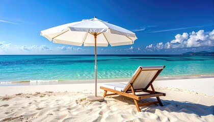 Fototapeta premium Serene Tropical Beach Scene With White Beach Chair And Umbrella Facing Calm Turquoise Ocean Waters Under Bright Sunny Blue Sky