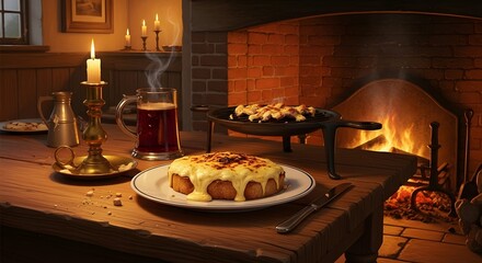 Hearty rustic dinner on a wooden table with cheese dish, beer, and candlelight by a cozy brick fireplace, creating a warm, inviting atmosphere.