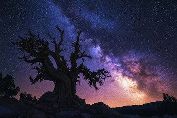 An ancient tree with twisted branches outlined against the Milky Way cosmic glow  