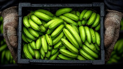 Hands in woolen gloves hold a crate overflowing with freshly harvested green unripe bananas still wet with dew