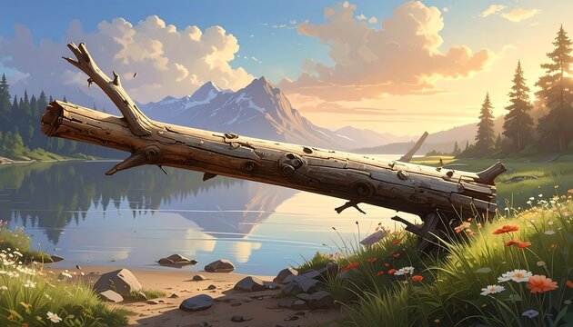 A serene landscape showcases a fallen log resting on a grassy bank beside a calm lake with mountain peaks in the background
