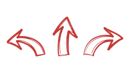 Red sketchy hand-drawn arrows set pointing up, left, and right, representing decision-making, choice, and navigational directions.