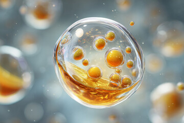 A large transparent droplet encapsulating swirling golden liquid and many small amber pearls suspended within a glistening light blue liquid environment