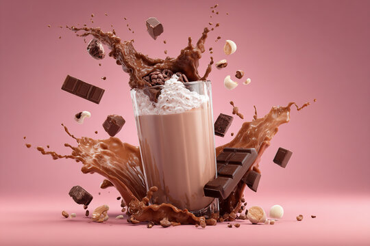 Dynamic chocolate milkshake splash with whipped cream flying chocolate bars and nuts against a vibrant pink background a sweet dessert drink moment