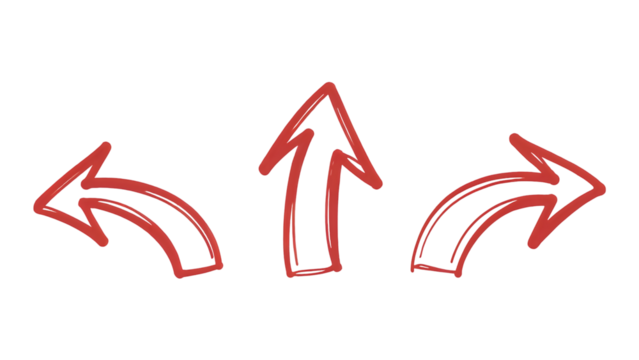 Red sketchy hand-drawn arrows set pointing up, left, and right, representing decision-making, choice, and navigational directions.