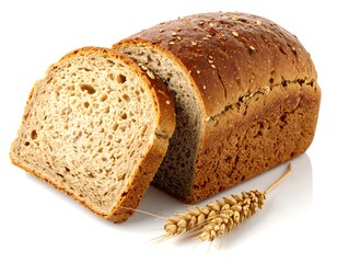 Sliced loaf of bread with wheat sprig, isolated on white