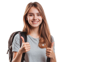Obraz premium Happy female student with a backpack gives thumbs-up, ready for college, isolated on transparent background