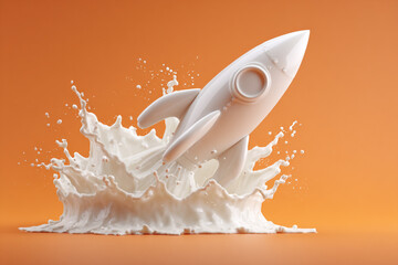 A sleek white rocket dramatically launches from a dynamic splash of creamy white liquid against a vibrant orange background creating an energetic and playful scene
