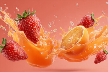 Vibrant red strawberries and a sliced orange burst into a wave of sweet orange juice with refreshing water drops