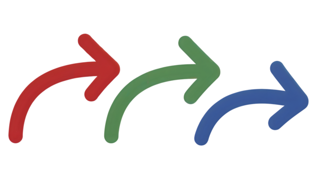 Red, green, and blue curved arrows illustrating a sequential flow, process, or three-step cycle diagram isolated on a black background.