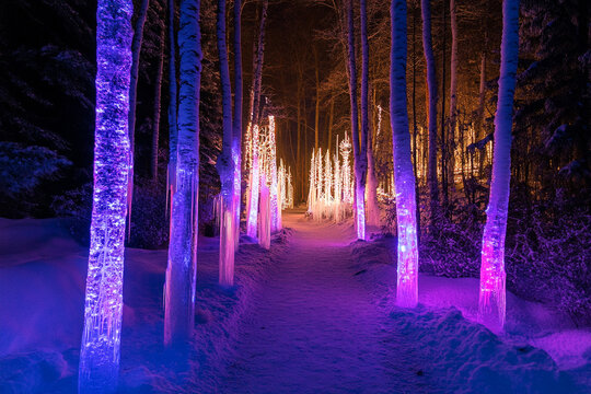 An enchanted winter forest with ice-covered trees and glowing frost
