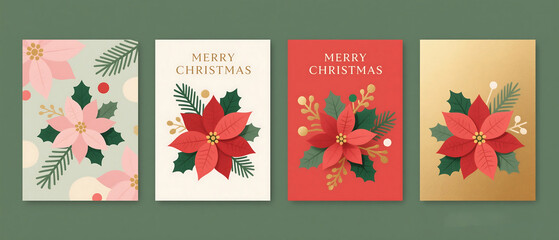 Poinsettia Christmas Card Set with Gold Accents | Luxury Holiday Greeting Template Bundle