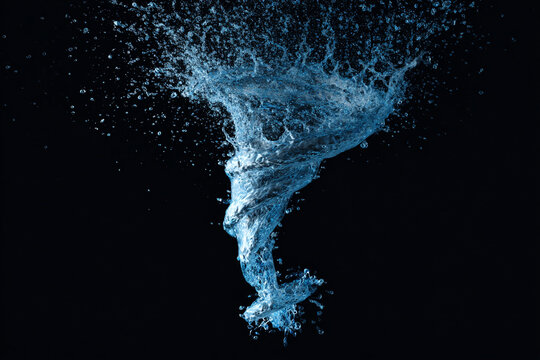 A swirling blue water splash forms a dynamic vortex against a deep black background showcasing refreshing clean fluid motion and energetic movement