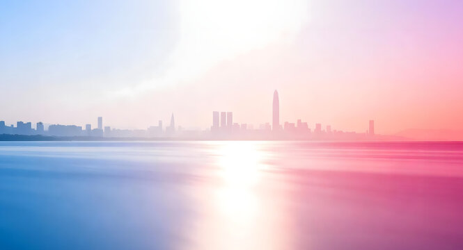 Sunset City Skyline Reflected on Calm Water