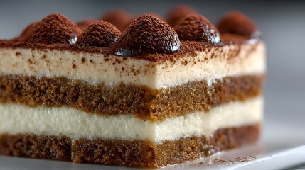Delicious tiramisu slice with cocoa powder topping sits on a white plate ready to be enjoyed for dessert.