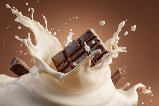 A rich chocolate bar plunges into a creamy white liquid creating an exciting splash and delicious droplets against a warm brown background a delightful moment of dessert mixing