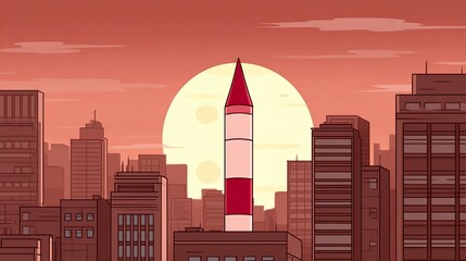 Cartoon cityscape with rocket and sunset