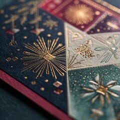 A close up view of a decorative card with gold foil designs and geometric patterns on a textured surface