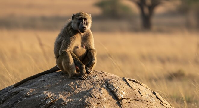 Olive baboon perched on a rock in the African savanna.