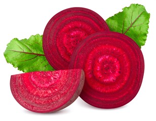 Sliced ruby red vegetable with vibrant green leaves, isolated
