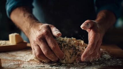 Medium shot of a baker incorporating herbs and cheese into savory enriched dough showcasing texture and color contrast.