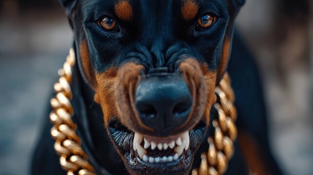 Doberman pinscher close up with gold chain collar portrait