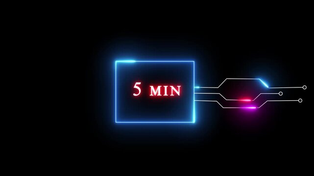Neon 5Min- text animation on black background. Glowing neon text. Neon text letter animation.